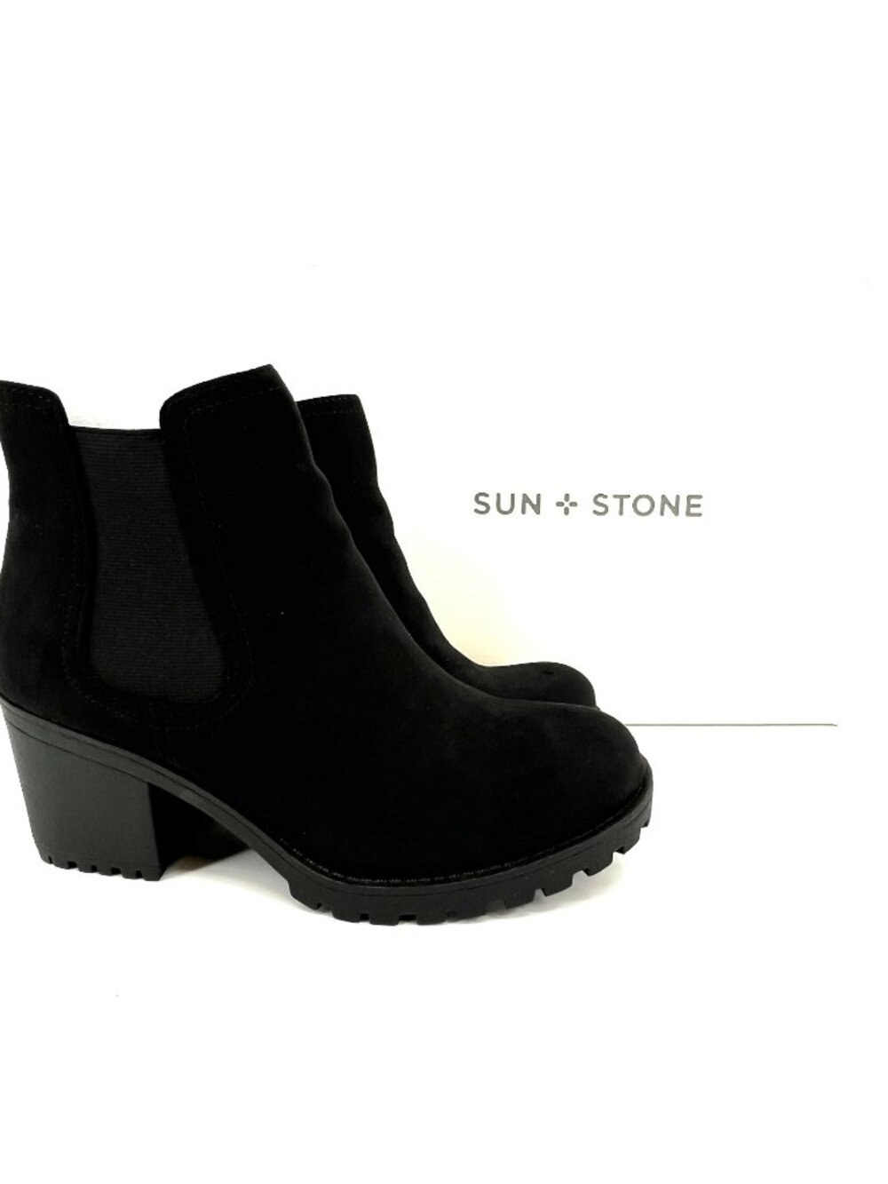 Sun + Stone Morghan Chelsea Booties Black Faux Suede Size 7M Lug Sole Block Heel